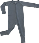 Neutral blue organic bamboo baby zip romper with hand and foot cuffs from Earthly Threads.