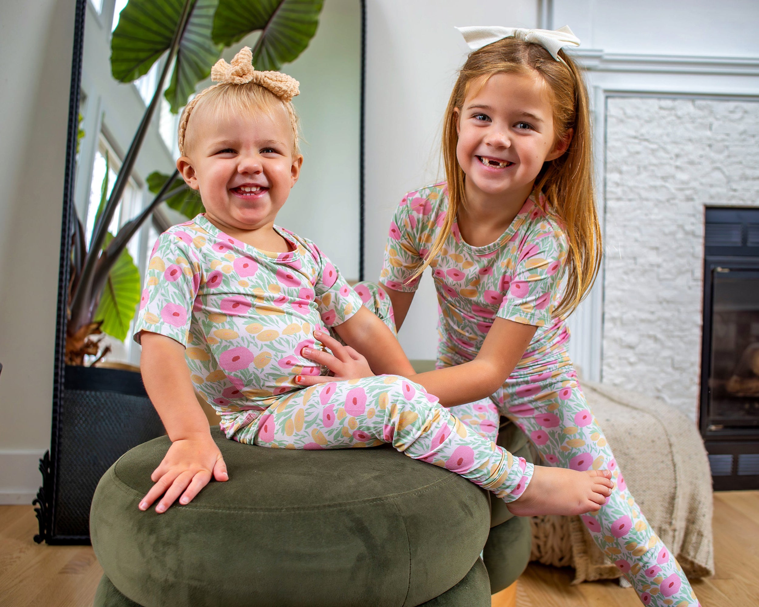 Soft and cozy floral pajamas set in short or long sleeves, made from organic bamboo. Pink floral kids in sizes 2T-10T, ultra-soft and lightweight for dreamy sleep.