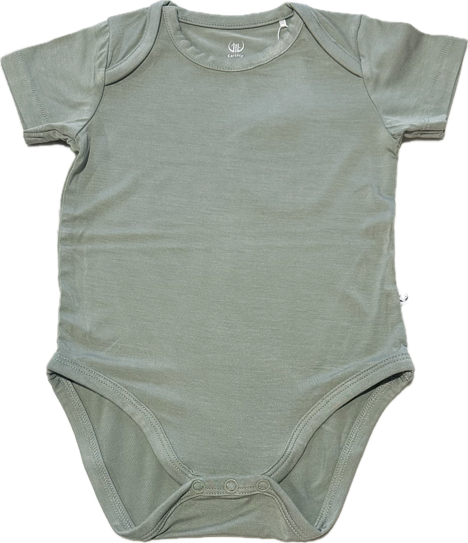 Earthly Threads short sleeve bamboo baby onesie in neutral shades like bamboo green that's ideal for comfort year-round.