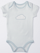 Sky blue striped baby bodysuit with cloud or star detail made by Earthly Threads. Soft, breathable, and ideal for sleep or play.