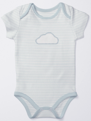 Sky blue striped baby bodysuit with cloud or star detail made by Earthly Threads. Soft, breathable, and ideal for sleep or play.